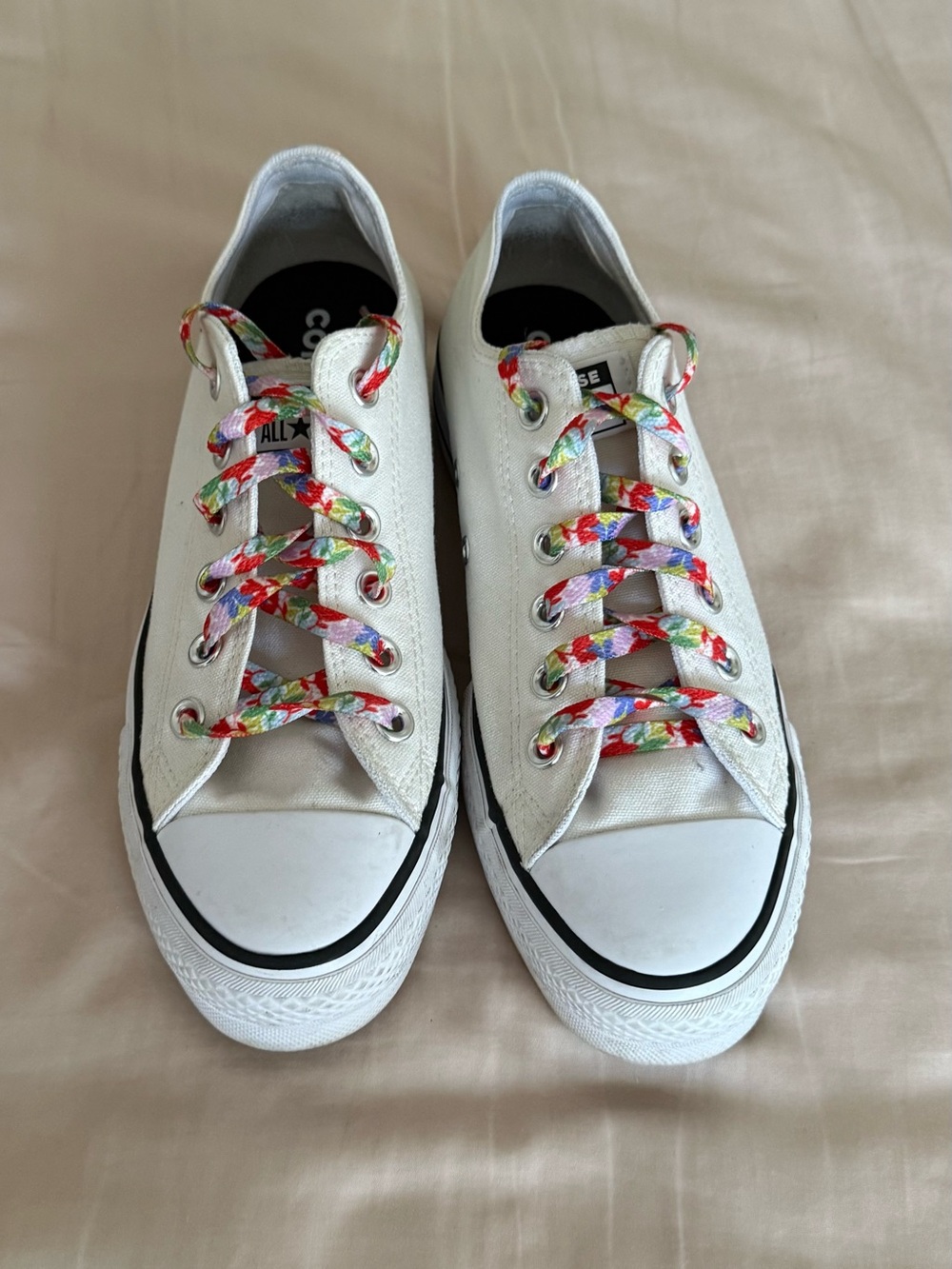 Converse Low Top Sneakers - White Canvas with Multicolor Floral Laces